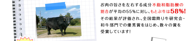 お肉の旨さを左右する成分不飽和脂肪酸の割合が平均の55%に対し、もとぶ牛は58%！その結果が評価され、全国霜降り牛研究会・和牛部門での優秀賞を始め、数々の賞を受賞しています！