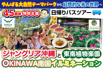 〜やんばる大自然テーマパークから幻想的な光の世界へ〜ジャングリア沖縄と東南植物楽園OKINAWA南国イルミネーション（日帰りバスツアー）