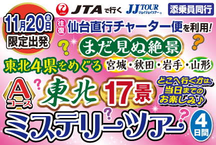 【11月20日出発限定】《Aコース》まだ見ぬ絶景!東北4県をめぐる東北17景ミステリーツアー4日間