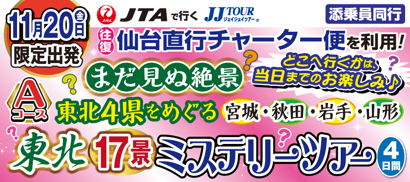 【11月20日出発限定】仙台直行チャーター便を利用!《Aコース》まだ見ぬ絶景!東北4県をめぐる東北17景ミステリーツアー4日間