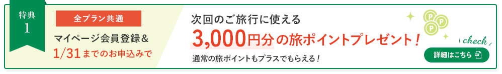 全プラン共通:1/31申し込みまでで次回に使える3,000円分の旅ポイントプレゼント